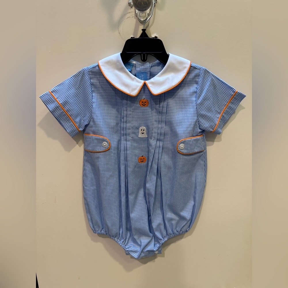 NWT Avanini 24M Boys Halloween Pumpkin Ghost Bubble Blue and White Gingham